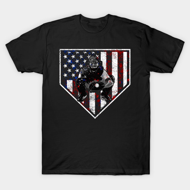 Baseball Catcher Home Plate American Flag Patriotic Baseball Catcher Shirt T-Shirt by TeeCreations